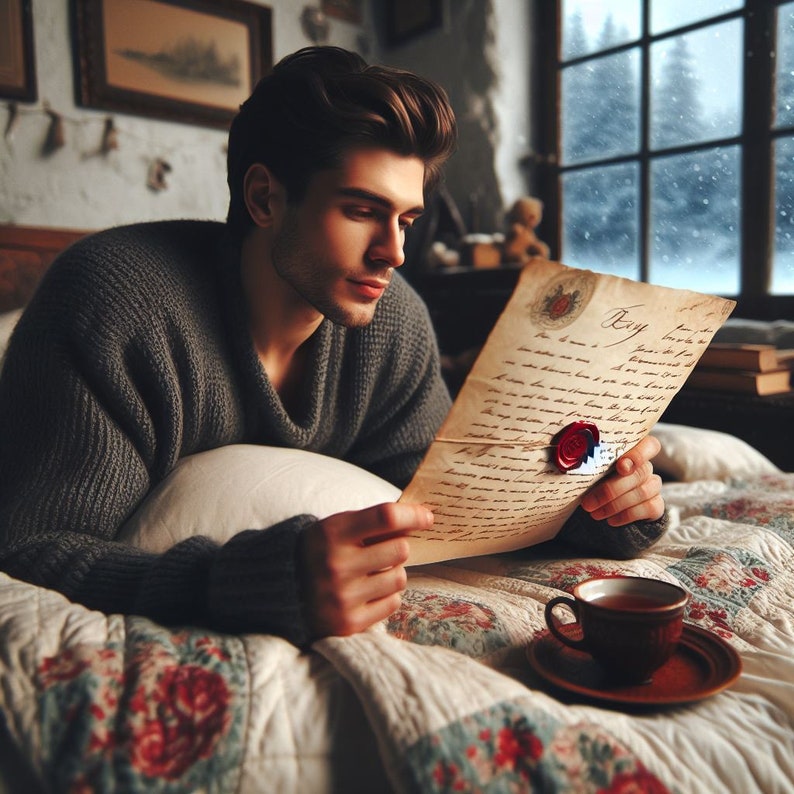May include: A person in a grey knit jumper reading a piece of aged parchment paper with handwritten cursive text and a red wax seal. A brown ceramic teacup and saucer sit on a white quilt with a floral pattern, near a window with snowy views.
