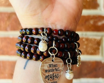 Wood Bead Music Lover Bracelet Necklace: Boho Charm Jewelry