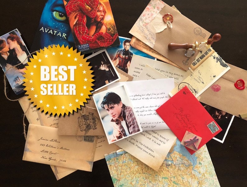 May include: A collection of vintage-style envelopes, handwritten letters, movie posters, and photographs scattered together. A bright yellow star-shaped badge with the text BEST SELLER is prominently displayed over the items, alongside a wax seal stamp.