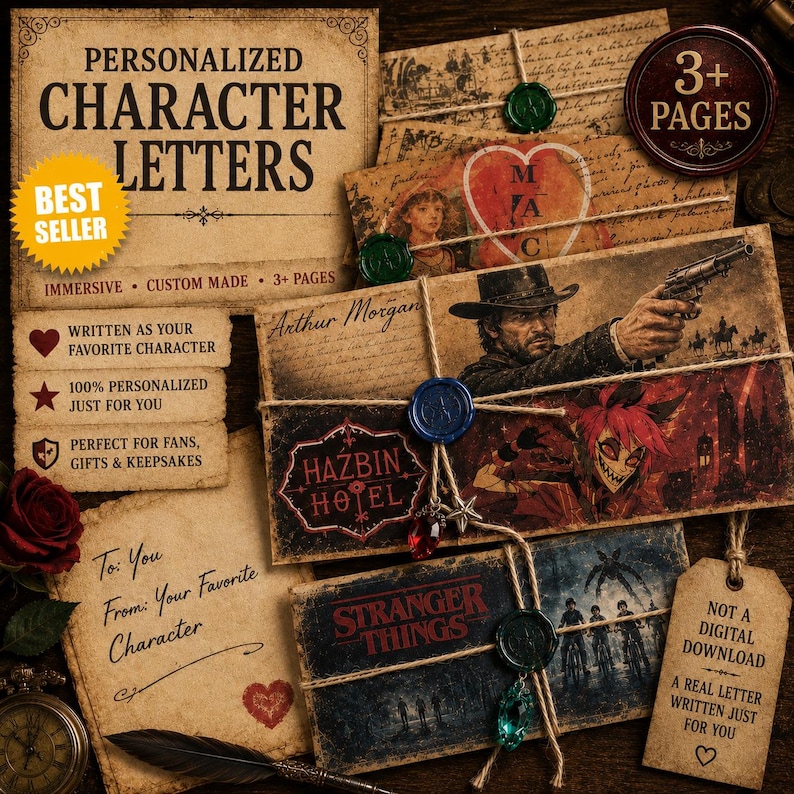 May include: A collection of personalised character letters featuring vintage-style paper, wax seals, and twine. The letters display various themes including Arthur Morgan, Hazbin Hotel, and Stranger Things, with handwritten text and character illustrations.