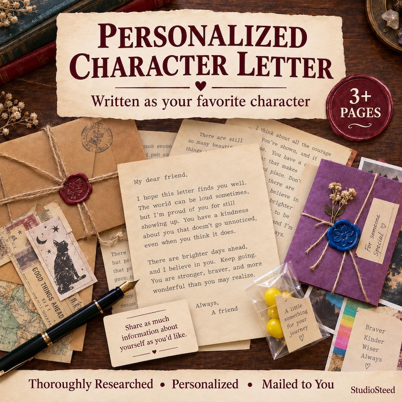 May include: A personalised character letter set featuring aged paper stationery, a black fountain pen, a brown envelope with a red wax seal, and a purple envelope with a blue wax seal and dried flowers. Includes a small bag of yellow beads.