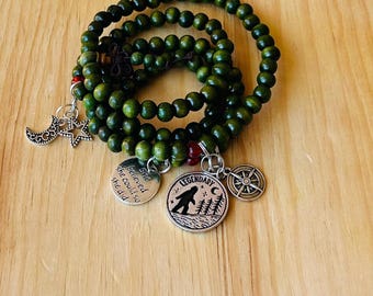 Green Wood Bead Necklace Bracelet: Boho Charm Jewelry