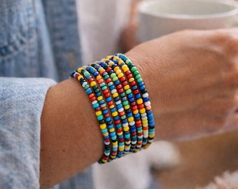 Set of 10 Confetti Seed Bead Bracelets-Handmade Boho Stretch Stackable Bracelet Set