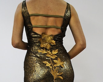 DS30  Gold glazed-black silk tulle-lace dress with gold lace flower accessories, tango dress, gold dress, coctail dress, gold lace dress