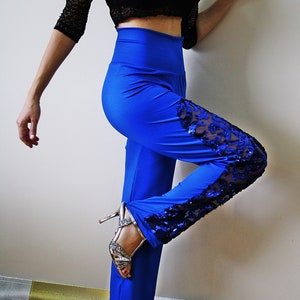 Electric blue trousers with sequined lace details, tango trousers, tango pants, party clothes, tango stage wear