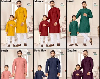 Function Wedding Ethnic Silk Jacquard Kurta Cotton Payjama Set For Men's & Kids,FullStitched Traditional New Indian Father Son Kurta 16-IN20