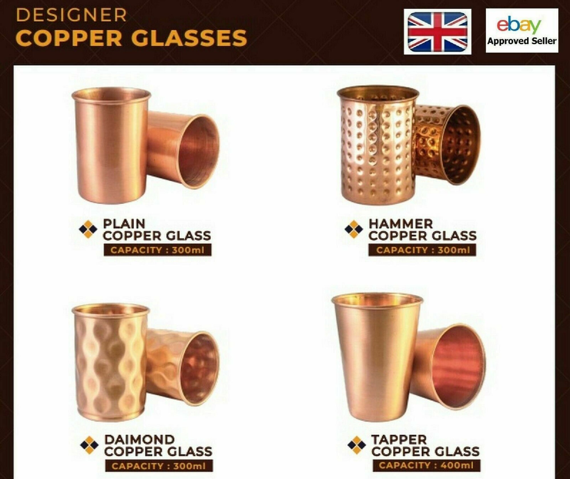 Set Of 2 Pure Copper Cups Mug Tumbler Glass 300 ml Water Storage Ayurveda Health