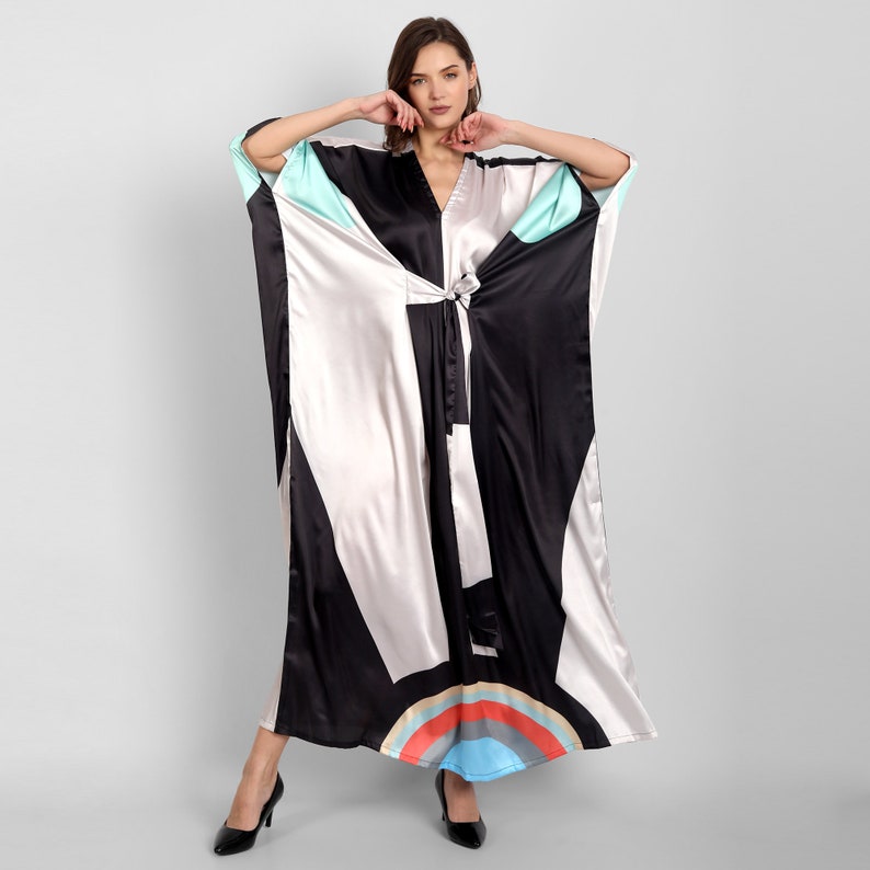 V-Neck Belt Style Women Soft Satin Silk Printed Kaftan Kurta,Comfortable Wear Beach Maternity Modest Maxi Dress,Islamic Women Kaftan 5631 