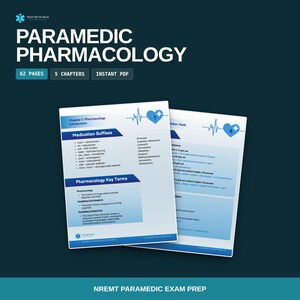 Könnte beinhalten: Ein digitaler Studienleitfaden mit dem Titel Paramedic Pharmacology, der 62 Seiten und 5 Kapitel umfasst. Das Dokument zeigt medizinische Inhalte wie Medikamentensuffixe, Fachbegriffe und mathematische Aufgaben mit blauen Herzgrafiken.