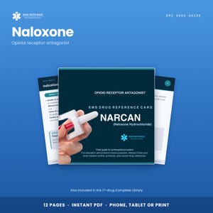 May include: A digital EMS drug reference card for Narcan, featuring a dark teal background with white text. The card displays the title Opioid Receptor Antagonist, EMS Drug Reference Card, and Narcan (Naloxone Hydrochloride) with a medical logo.