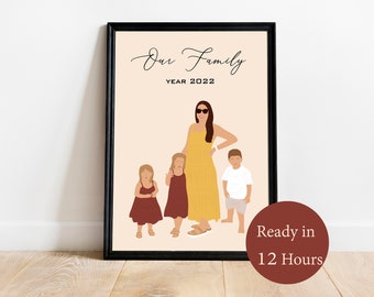 Custom Mother's Day Portrait, Personalized Gifts for Mom, Family Illustration from Photo, Printable Faceless Portrait, Digital Download Gift