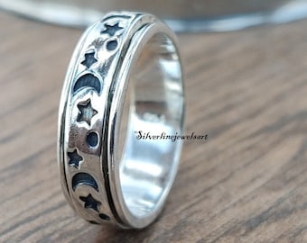 Star moon spinner, Spinner Ring, 925 sterling silver, Anxiety Ring, Handmade Ring, Meditation Ring, Worry Ring, Fidget Ring, Gift For Her,