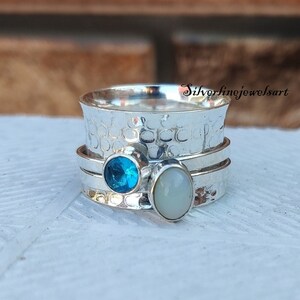 Moonstone Ring, Spinner Ring, Blue Topaz Ring, 925 Silver Ring, Women Ring, Natural Moonstone, Bohemian Ring, Gemstone Ring, Gift