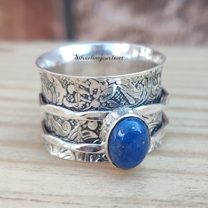 Lapis Lazuli Spinner Ring: Carved 925 Sterling Silver Band
