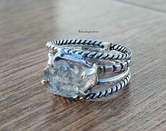 Rough Herkimer Diamond Ring: Hammered Sterling Silver Boho Ring