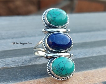 Handmade Turquoise & Lapis Lazuli Ring, 925 Sterling Silver