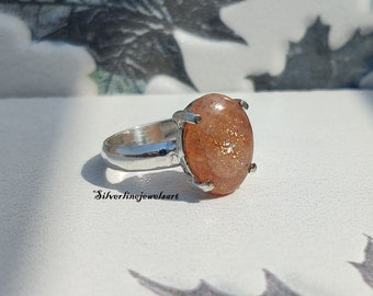 Sun Stone Ring, Spilt Band Ring, handmade ring, 92.5% sterling silver ring, silver sun ring, gemstone ring, sterling silver ring, Sunstone.