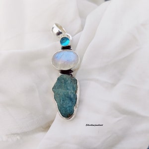 Rough Aquamarine pendant, Moonstone Pendant, Blue topaz Pendant, 925 sterling silver, Handmade pendant, Gift for her, natural Gemstone.