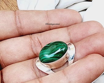 925 Silver Malachite Ring: Boho Green Gemstone Jewelry