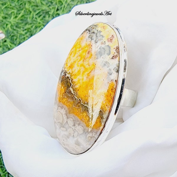 Anillo de jaspe de abejorro grande ovalado, anillo de piedra ovalado grande y largo, anillo delicado, jaspe de abejorro natural, anillo impresionante, anillo de plata 925, regalarla