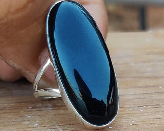 Bague en onyx noir, bague faite main, bague en argent 925, bague avec pierres précieuses, bague ancienne, bague en pierre d'onyx, bague ovale longue, cadeau pour elle, bague femme,