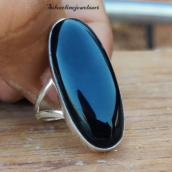 Bague en onyx noir, bague faite main, bague en argent 925, bague avec pierres précieuses, bague ancienne, bague en pierre d'onyx, bague ovale longue, cadeau pour elle, bague femme,