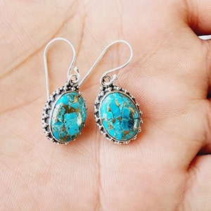 Handmade Blue Copper Turquoise Earrings, 925 sterling silver, Bridesmaid, Women&#39;s Gift, Silver Jewelry, Christmas Gift, Gift for her.