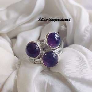 Three Amethyst Ring, 925 Sterling Silver Ring, Handmade Ring, Wide Band Ring, Faceted Amethyst Ring, Hammered Ring, Gift For Her