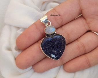 Blue Sunstone Pendant, 925 Sterling Silver, Moonstone Pendant, Heart Shape Pendant, Handmade Jewelry, Elegant Pendant, Gift For Women