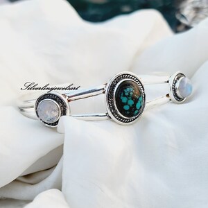 Tibetan Turquoise Bangle, Moonstone Bangle, Handmade Bangle, 925 sterling silver, Unique Bangle, Women bangle,, Gemstone Bangle, Gift item.
