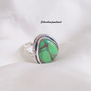 Handmade Green Copper Turquoise Ring, 925 Sterling Silver