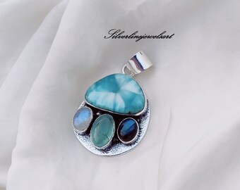 Handmade Sterling Silver Gemstone Pendant: Larimar, Labradorite, Chalcedony, Moonstone