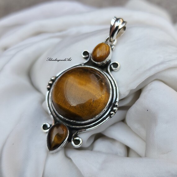 Collier Plaqué Argent Avec Pierre œil De Tigre Ovale - Style Ethnique Bohème - Neuf Sans Emballage