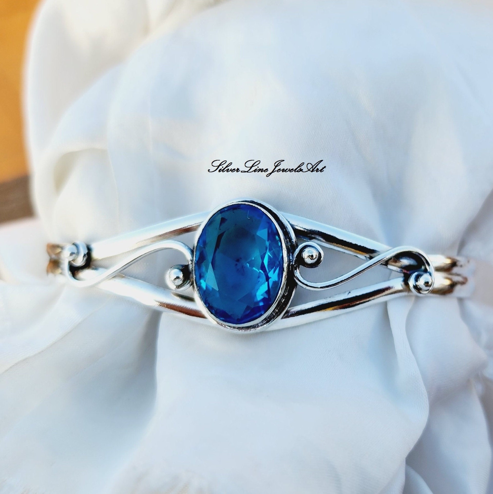 Blue Topaz Quartz Bracelet, 925 Sterling Silver, Gemstone