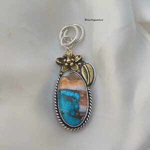 Handmade Oyster Turquoise Pendant: Sterling Silver Flower Leaf Design