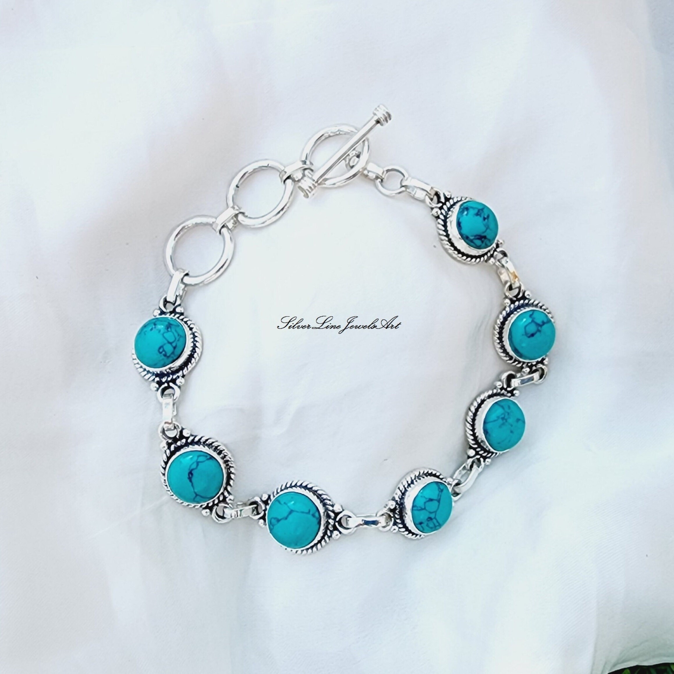 アクセサリー vintage silver925 turquoise bracelet Mexico Sterling Silver .925 13.9mm Circle Turquoise Link