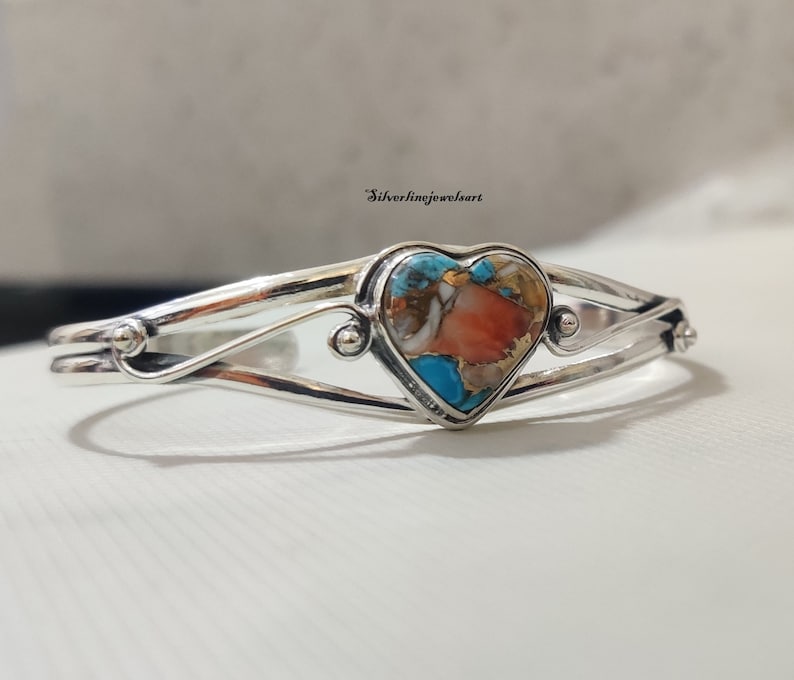 Heart Oyster Copper Turquoise Bangle , 925 Sterling Silver Bangle , Handmade Bangle , Gift for Women , Natural Gemstone Bangle , Gift image 5