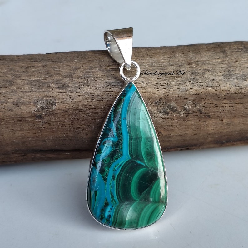 Natural Malachite Pendant With 925 Sterling Silver, Handmade Jewelry