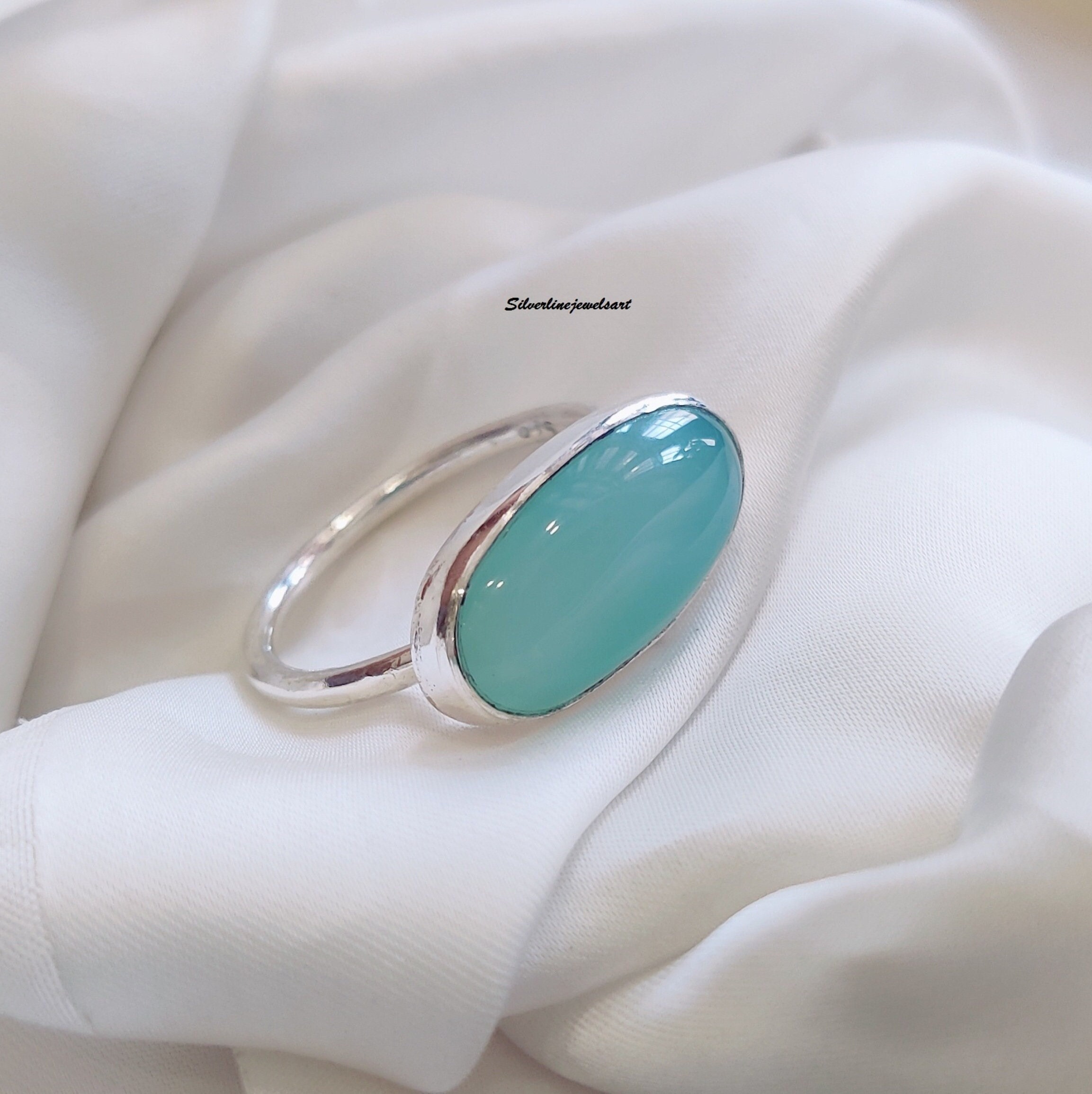 Oval Aqua Chalcedony Ring, 925 Sterling Silver Ring