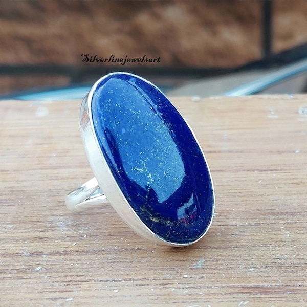 Ręcznie robiony owalny pierścień z lapis lazuli: srebrny pierścień boho