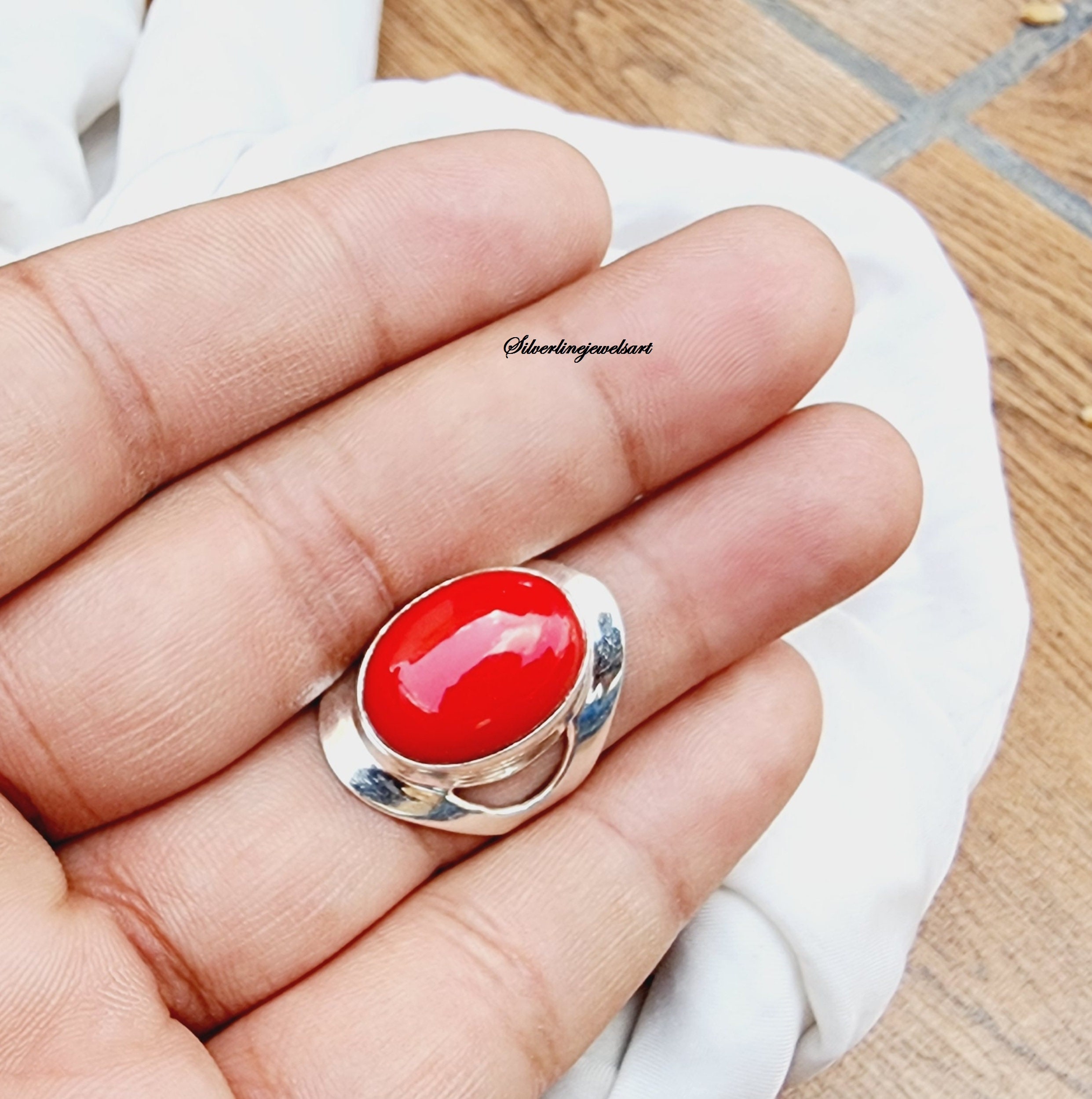 Bague En Corail Naturel Sur Argent 925 | Taille 53 | Neuf Sans Emballage