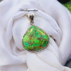 Handmade Green copper Turquoise Pendant, 925 sterling silver, Gemstone,silver Pendant jewellery, boho Pendant, women Pendant, gift