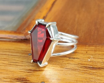 Garnet Coffin Ring, Natural Garnet Ring, Coffin Solid 925 Sterling Silver, Women Coffin, Gemstone Ring, Natural Red Garnet, Silver Coffin