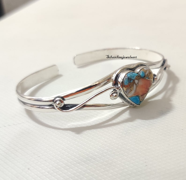 Heart Oyster Copper Turquoise Bangle , 925 Sterling Silver Bangle , Handmade Bangle , Gift for Women , Natural Gemstone Bangle , Gift image 7