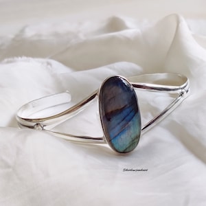 Big Oval Shape Labradorite Bangle, 925 Sterling Silver Bangle, Handmade Bracelet, Labradorite Bangle, Adjustable Bangle, Anniversary Gift