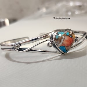 Heart Oyster Copper Turquoise Bangle: Handmade 925 Sterling Silver