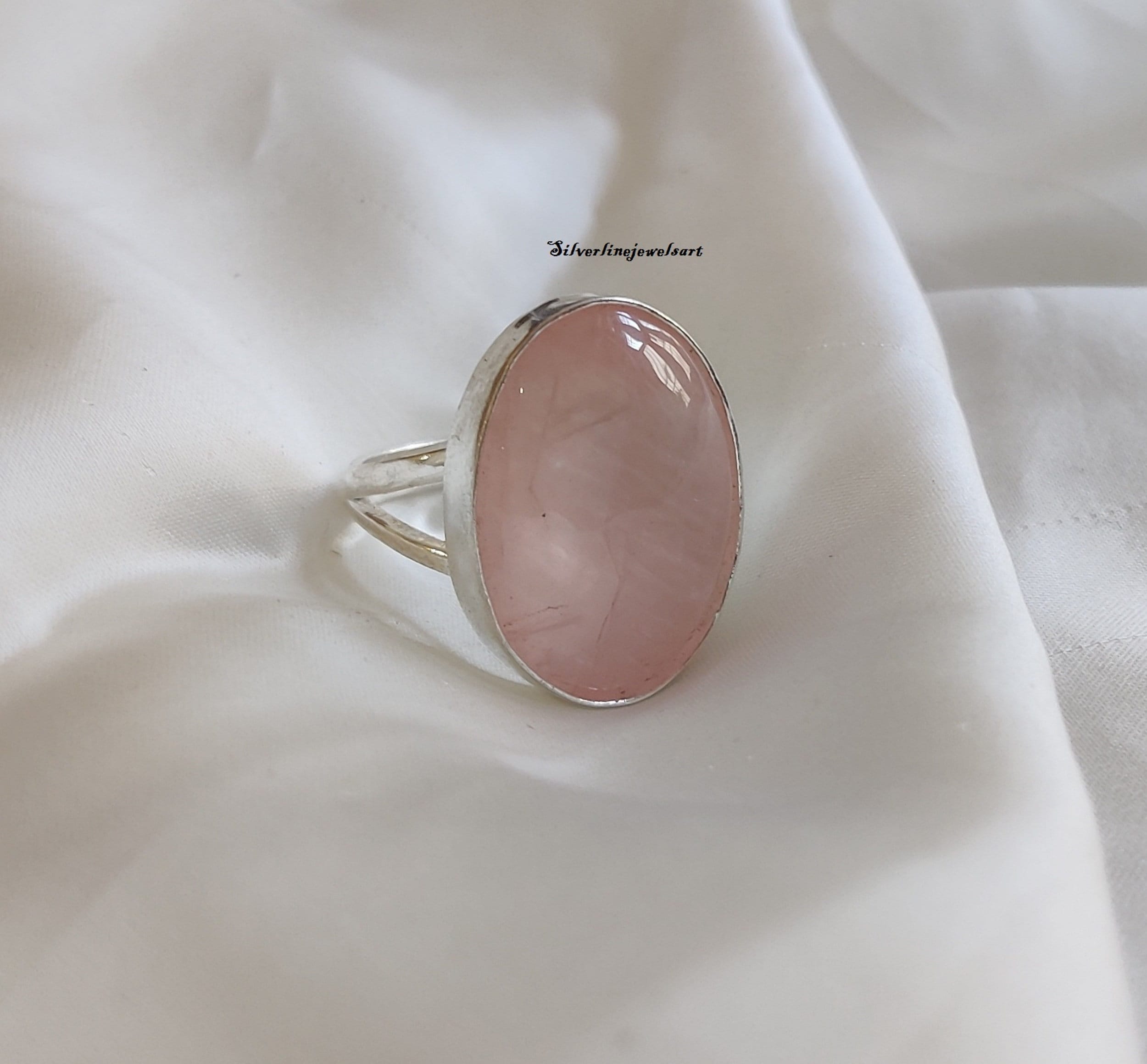 Anillo Ovalado De Cuarzo Rosa Hecho A Mano: Piedra De Nacimiento De Plata De Ley 925 - España