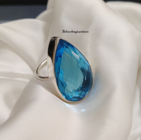 Anello In Argento Sterling Con Topazio Blu Svizzero, Gioiello Unico Fatto A Mano Da Uomo, Taglia 10 - Italia - Foto 3