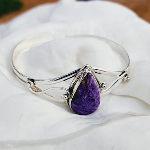 Natural Charoite Sterling Silver Bangle: Handmade Women&#39;s Jewelry