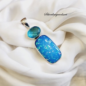 Australian Opal Pendant, Blue topaz Pendant, 925 sterling silver, Handmade Pendant, Stylish Jewelry, Gift for her, Jewelry Gift, Bridesmaid